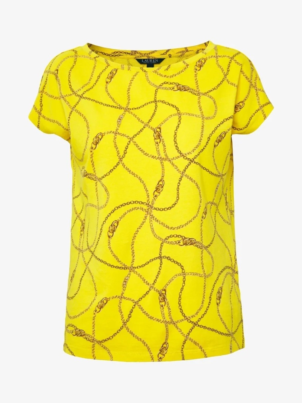 Lauren Ralph Lauren Yellow Chain Print Boatneck Cap-Sleeve Tee Size Large